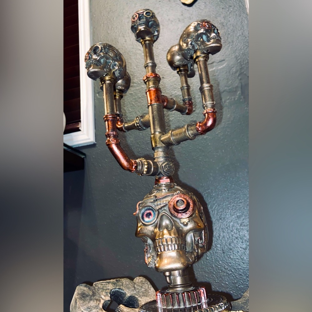 Gothic Steampunk Skull Cast Bronze 5 Stick Candelabra